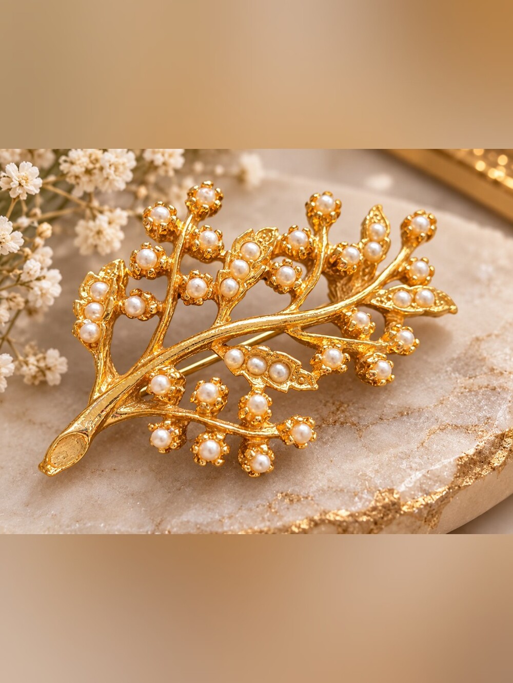 Gold-Tone Oak-Inspired Botanical Branch Brooch with Pearl-Like Berries Vintage
